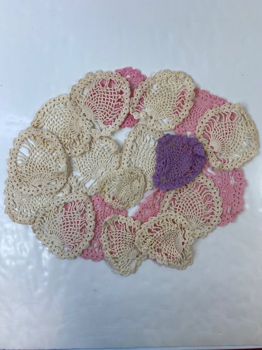 Assorted Handmade Crochet Doilies Lace Set Of 11 In Pink Purple & Cream